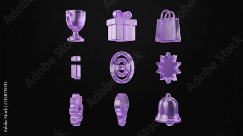 Purple glass icons rotating on a dark background grid