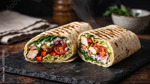 Delicious grilled chicken wrap cut in half on a dark slate board