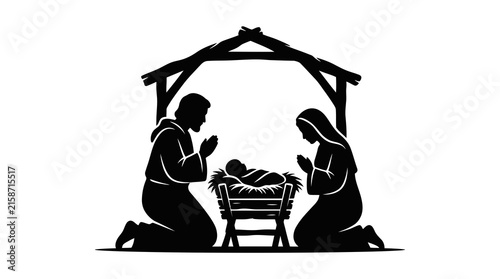 Minimalist black silhouette illustration of the Christian nativity scene with Mary and Joseph kneeling in prayer beside Baby Jesus in a manger under a rustic stable structure.