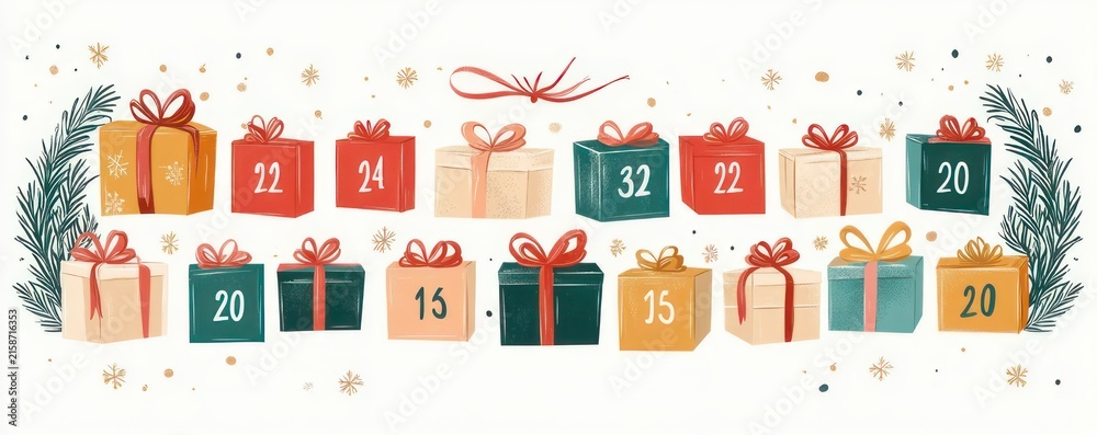 Fototapeta premium rows of numbered wrapped gift boxes with colorful ribbons, pine sprigs and gold confetti conveying a cheerful festive holiday anticipation
