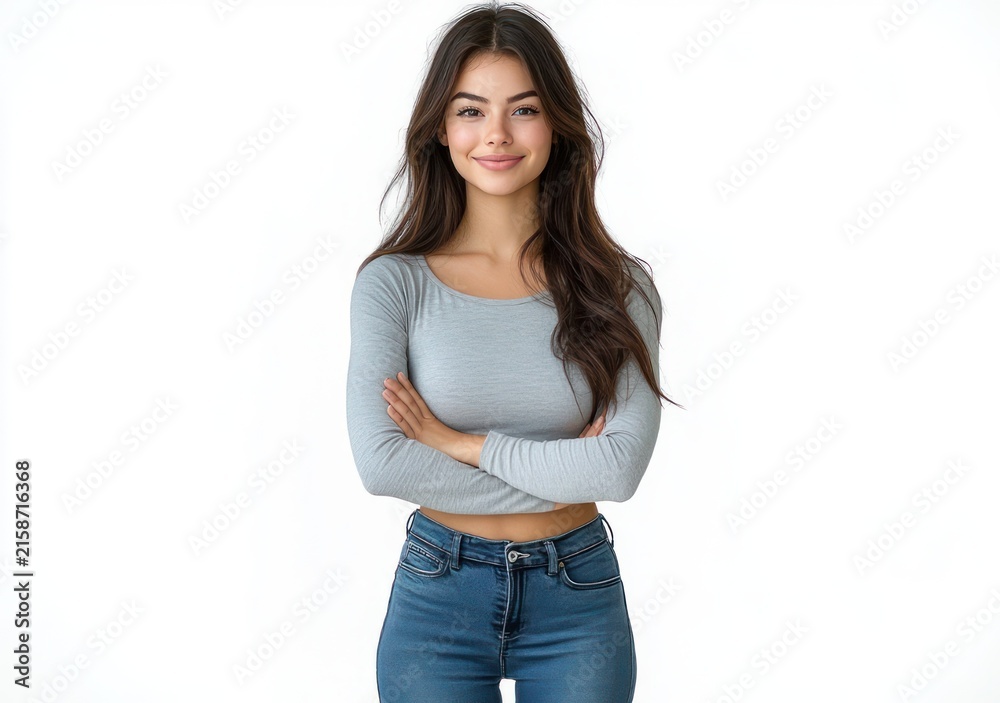 Fototapeta premium Confident woman standing with arms crossed in grey long-sleeve crop top and blue jeans against white background