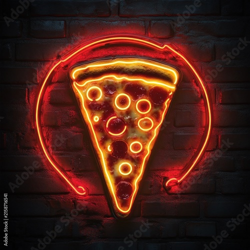 glowing neon pizza slice sign with pepperoni in red circular frame on dark brick wall, warm inviting retro vibe
