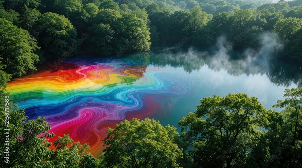Fototapeta premium Vibrant rainbow colors mix in a pond surrounded by lush green trees and forest. Mist rises from the calm water reflecting the sky, creating a mystical atmosphere.