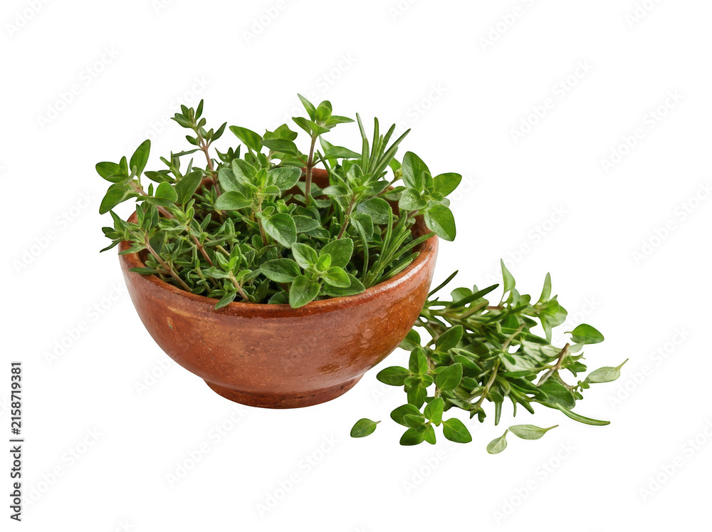 Fototapeta premium Fresh herbs in a clay bowl isolated on transparent background