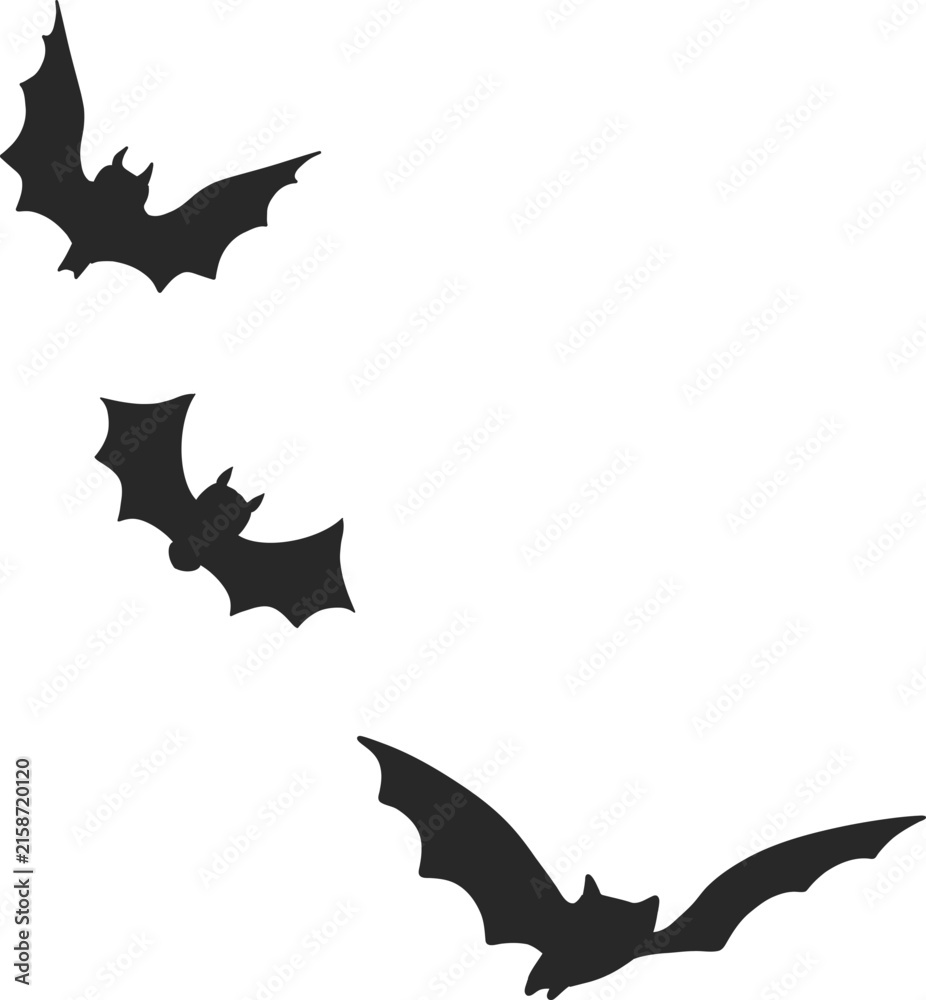 Fototapeta premium Spooky bat flock silhouettes flying across dark sky. Gothic Halloween border with hanging bats creates eerie atmosphere perfect for seasonal decor and horror designs.