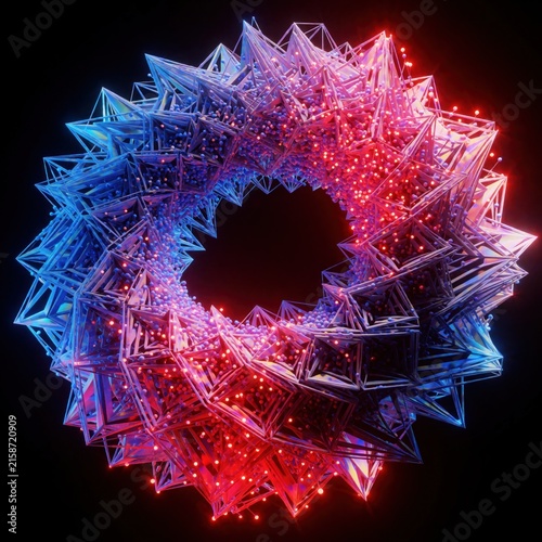 Abstract digital fractal shape with red, blue glowing particles forms complex structure. Geometric 3D artwork displays intricate details, vibrant energy. Futuristic design evokes innovation,