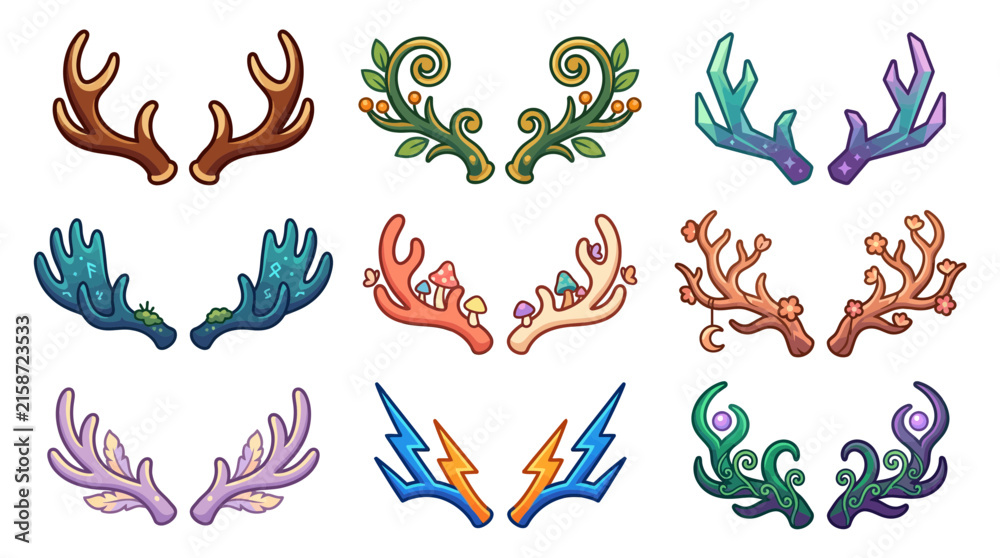 Obraz premium Stylized antler and branch motifs with decorative patterns and colors.