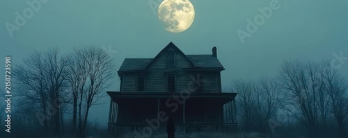 lonely silhouette before a dilapidated two-story house with porch under a large full moon, foggy field and bare trees creating an eerie, foreboding atmosphere