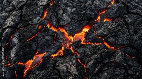 Molten lava flowing through cooling dark volcanic rock surface glowing bright orange and red heat cracks texture pattern for fiery background design