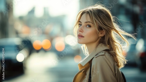 blonde woman in a trench coat standing on a busy city street at dusk, windblown hair and a pensive expression with blurred traffic bokeh behind her
