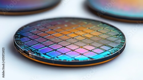 Close-up of iridescent circular semiconductor wafer with grid circuit pattern on white surface, blurred wafers in background, shimmering futuristic and mesmerizing mood