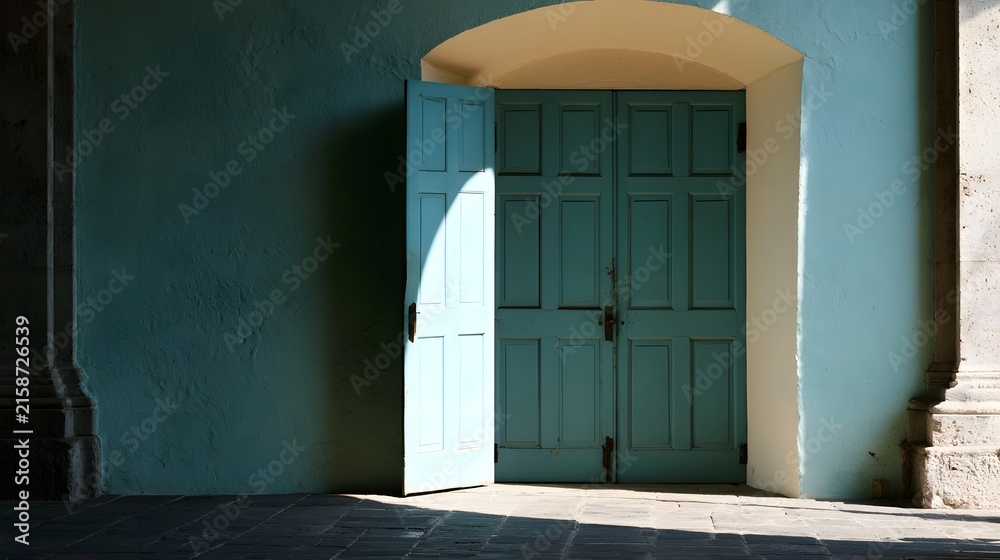 Fototapeta premium A partially open teal door set within an arched entryway against textured walls under natural sunlight