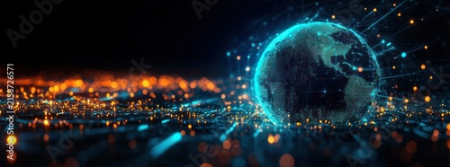 futuristic digital earth globe made of teal data points and connecting lines above an illuminated orange node grid, glowing and pulsing with dynamic global connectivity and energy