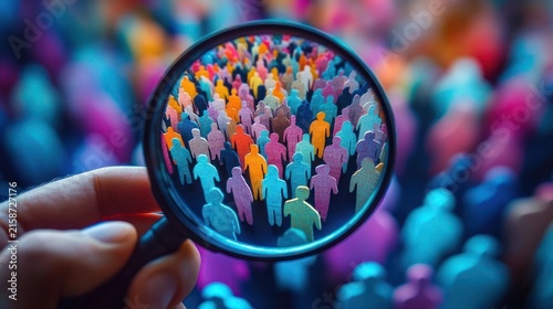Hand holding a magnifying glass examining a colorful crowd of paper cutout figures, highlighting diverse individuals with a sense of focus and scrutiny