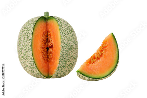 Foto Cantaloupe melon isolated on white transparent background, cut melon with open s