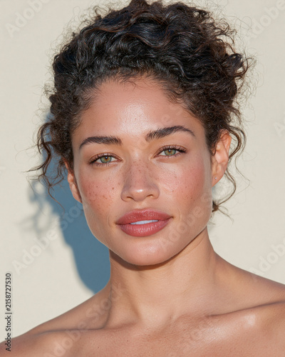 Portrait of a Woman with Curly Hair and Freckles