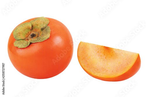 Persimmon isolated on white transparent background, whole orange persimmon fruit with fresh cut slice, autumn food, PNG
