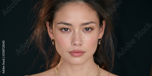 Portrait of a Young Woman with Wavy Brown Hair and Gold Jewelry
