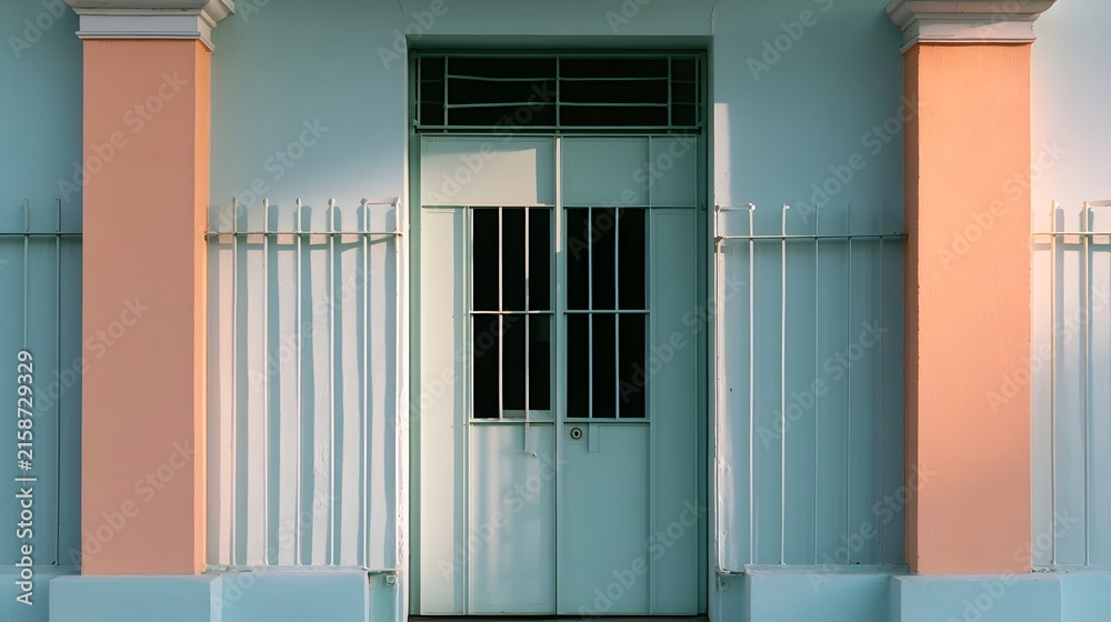 Fototapeta premium A pastel colored door framed by columns and metal bars under bright sunlight casting sharp shadows on textured walls