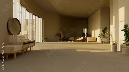Spacious modern minimalist interior with warm natural light, curved walls, and elegant shadows in an empty room.