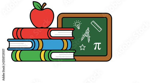 Academic Learning Concept with Stacked Books, Apple, and Chalkboard Elements