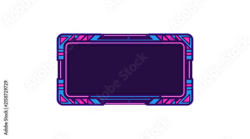 Synthwave neon frame with glowing digital border elements for futuristic interface designs