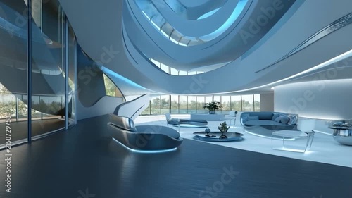 Futuristic luxury interior with modern architectural curves and blue ambient lighting in a contemporary open living space design.