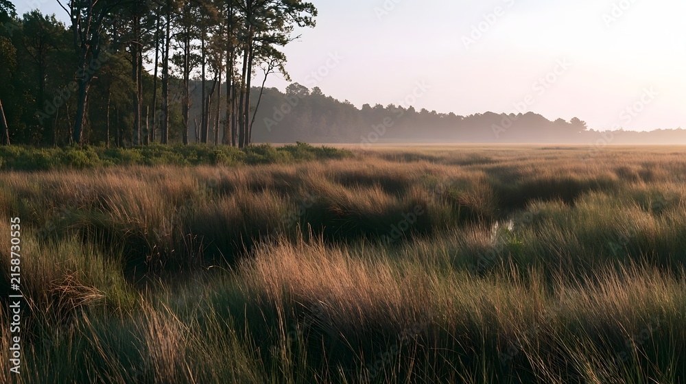 Naklejka premium Golden grasses sway gently across a misty wetland bordered by tall pine trees under soft morning light