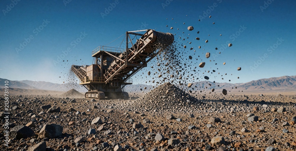 Obraz premium Giant industrial crusher machine processes rocks in arid desert landscape. Material breaks apart, scattering debris under clear blue sky. Quarry site operates heavy equipment.