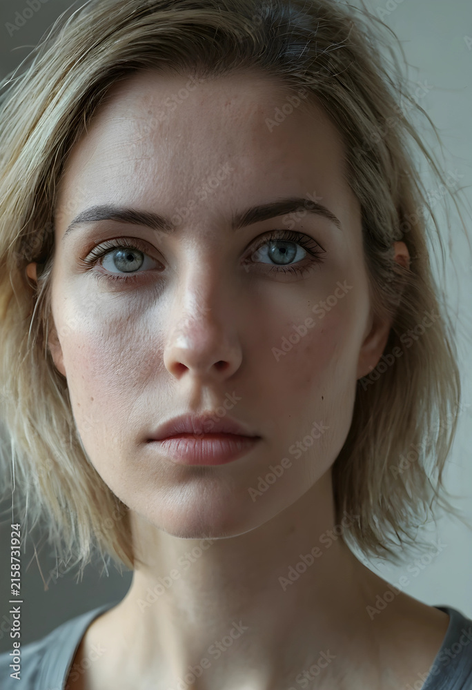 Fototapeta premium Close up portrait of a young blonde woman with blue eyes and natural skin texture looking directly at the camera, She looks directly at the camera with a serious expression