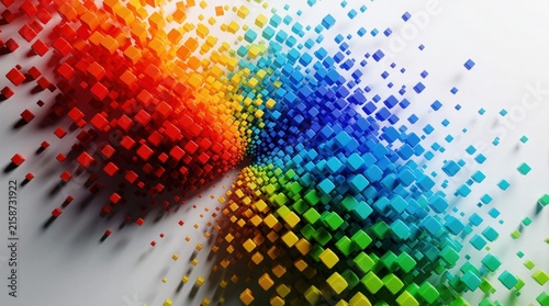 Abstract 3D digital background with colorful exploding pixels. Vibrant square blocks fly from center towards edges in rainbow spectrum. Dynamic motion design shows technology evolution, data