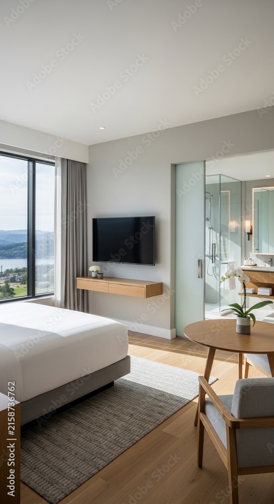 Fototapeta premium Sunlit Sanctuary: Modern Serenity with Panoramic Vista