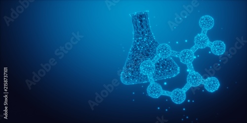 Blue glowing wireframe chemistry flask and abstract molecule on blue background with copy space, pharmacy, chemistry or science template concept