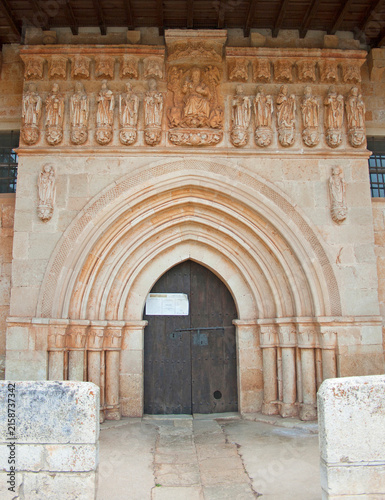 Historic Romanesque Church Portal with Sculptures, Palencia, Spain