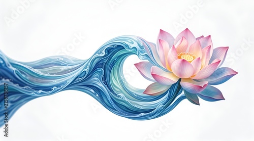 Pink Lotus Flower Merging With Flowing Blue Water Wave