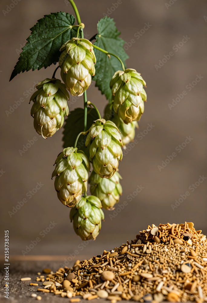 Naklejka premium Fresh green hop cones on a vine with leaves, brewing ingredients and malt grains for beer production