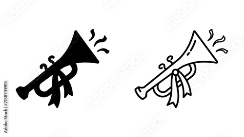Canvas Print Heraldic Trumpet Icon: A graphic representation of a trumpet, depicted in both solid silhouette and outline style, adorned with a decorative ribbon, symbolizing fanfare and announcement
