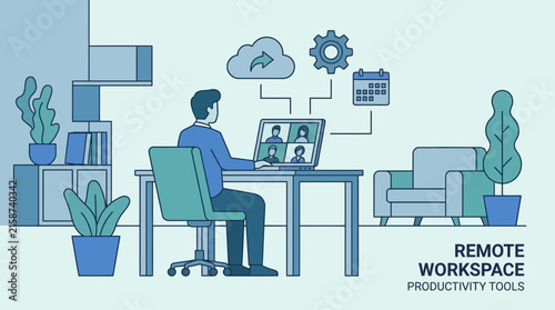 Naklejka Professional Working From Home Using Virtual Collaboration Software