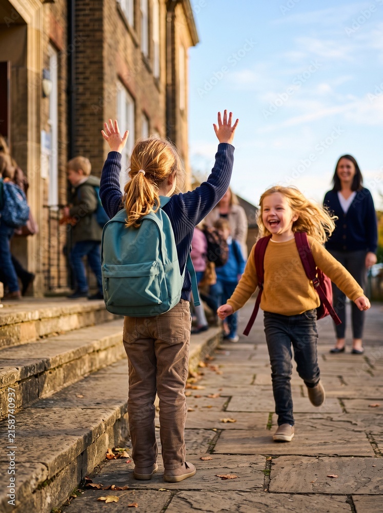 Obraz premium Happy School Children Walking and Running to School on a Sunny Day. Copy space
