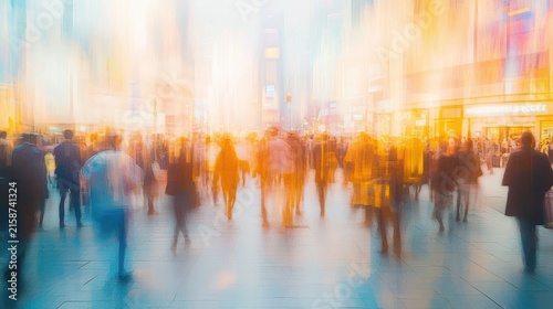 blurred crowd of pedestrians in a glowing urban square at dusk conveying motion, haste and anonymity