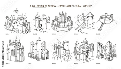 Collection of historical medieval castle architectural sketches featuring royal fortresses ancient fort structures and stone ruins