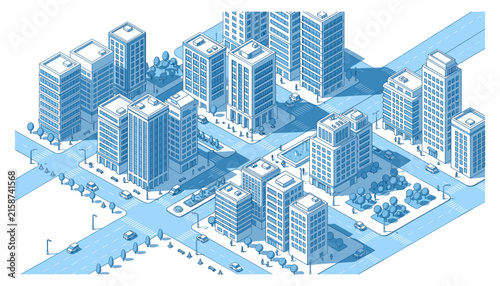 Metropolitan city district layout with highrise office skyscrapers busy street crossroads and corporate public park