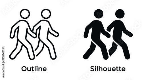 Walking People Icon: Two stylized figures, one an outline and the other a silhouette, depict the action of walking, representing movement and human figures.