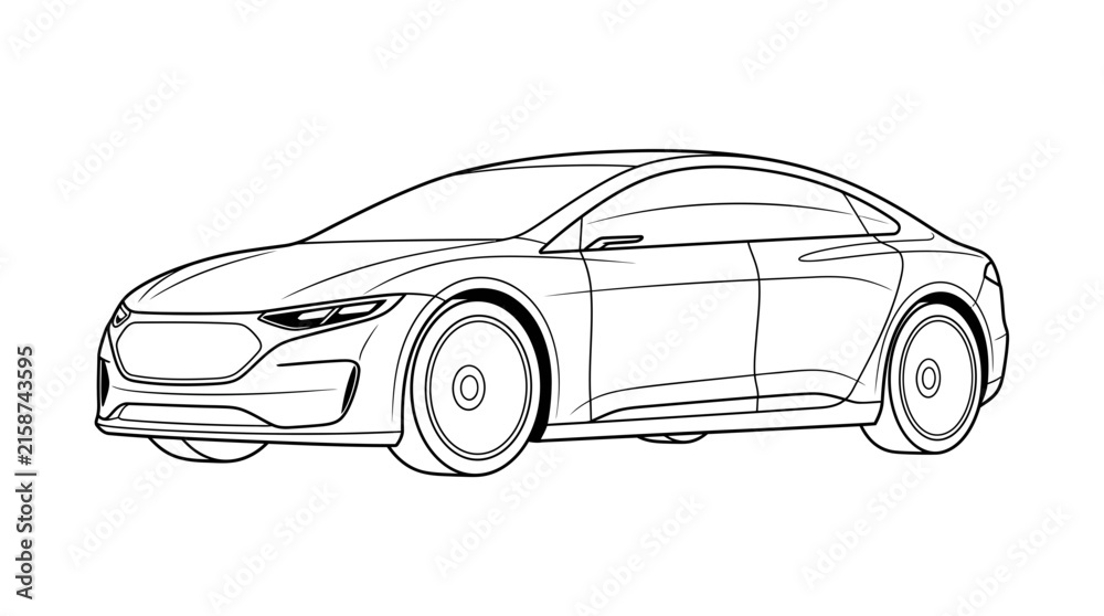 Fototapeta premium Electric vehicle line art illustration of a modern sedan car profile