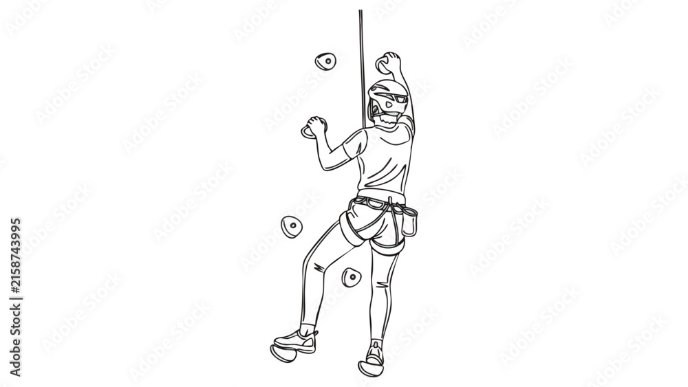 Fototapeta premium Athletic climber with safety harness reaching for wall hold in clean minimal line art style, concept for sport climbing action and determination, ideal for fitness blogs and sports promotion.