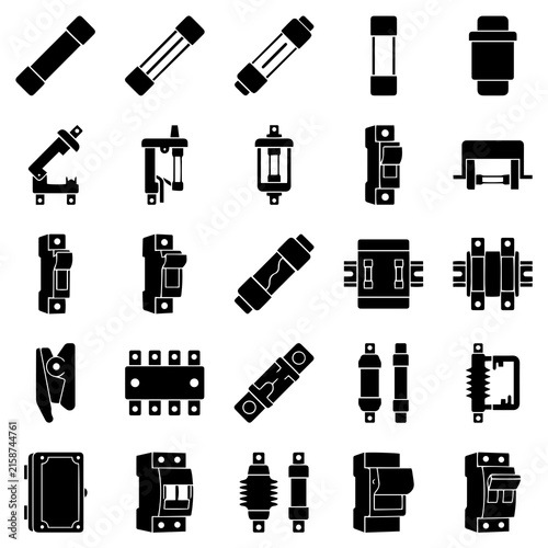 Set of black featuring electrical fuses, circuit breakers, power switches, and industrial mounting hardware for electrical panels