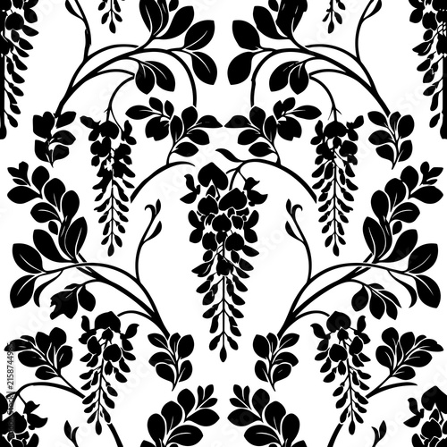 Repeating seamless pattern featuring black silhouette wisteria flowers and leaves on a white background, for fabric and, wallpaper decoration