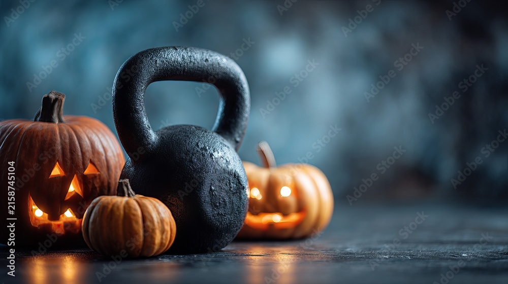 Black iron kettlebell resting beside glowing carved orange jack o lantern pumpkins during a spooky dark thematic autumn workout session