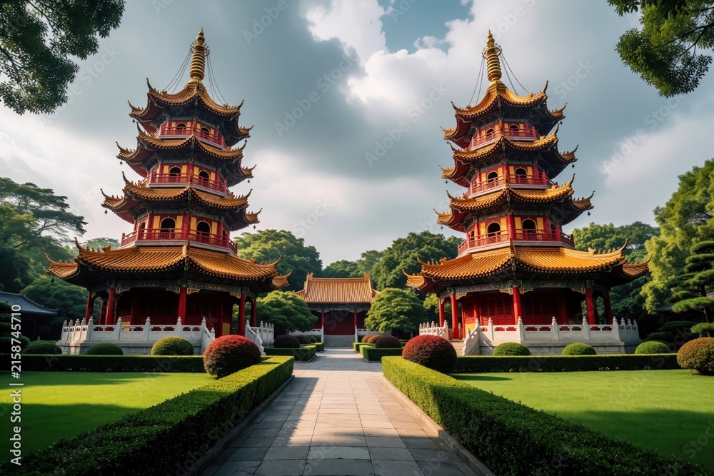 Fototapeta premium Two traditional Chinese pagodas stand in a rich garden. Ornate architecture features multi tiered roofs and vibrant red columns. Serene scene with manicured hedges and manicured lawn.