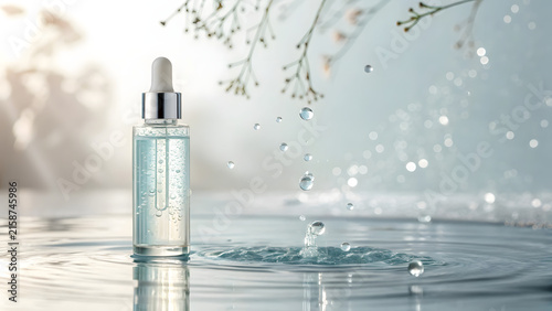 Glass serum bottle with water splashes and floral elements for skincare product advertising.